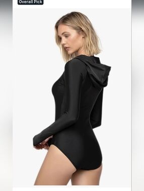 Black Long-Sleeve Hooded Women's Swimsuit Axesea Sizd 12 Rash Guard NWT